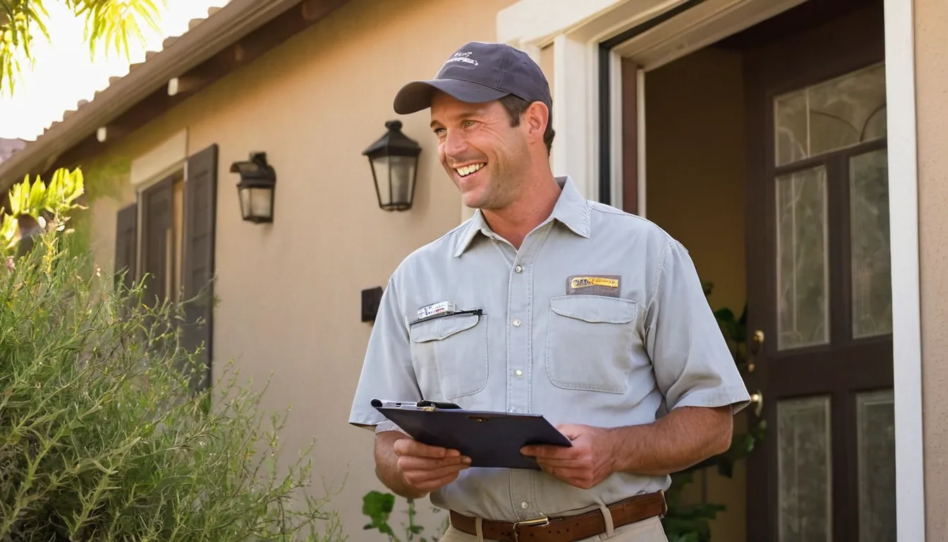 Homeowner talking calmly with a pest control provider at the front door of a stucco home near Orange